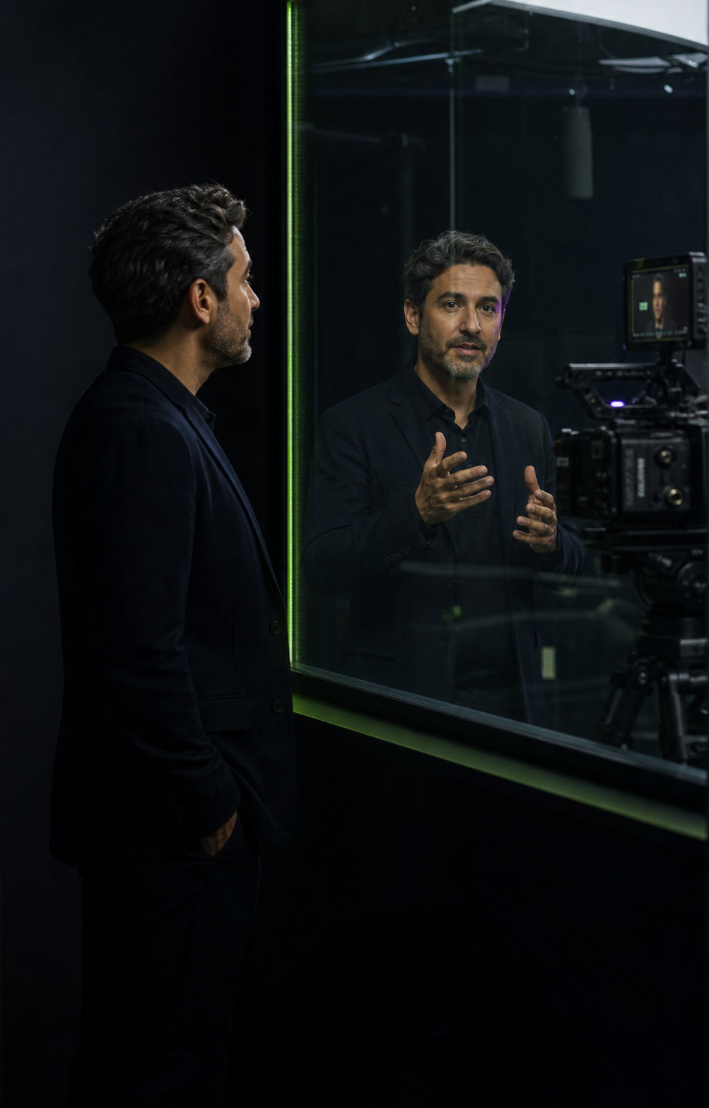 Profissional de perfil diante de um espelho; no reflexo, sua versão digital fala diante de uma câmera de cinema.